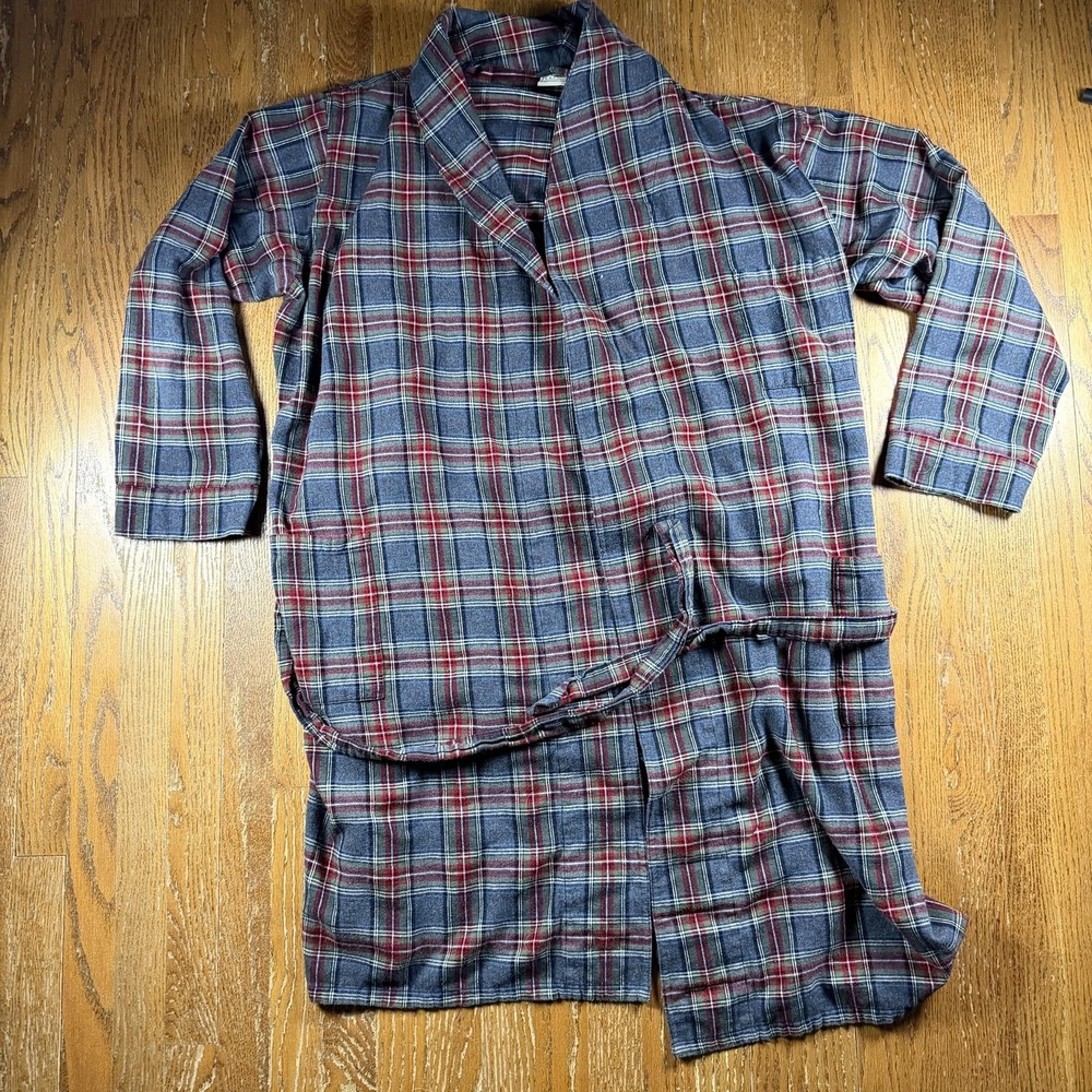 L.L.Bean Robe Mens XL Blue Flannel Plaid Belted Long Sleeve Winter Lounge
